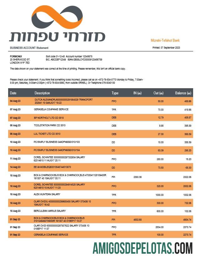 Realista Mizrahi Tefahot Bank Organization Statement modelo Word e PDF
